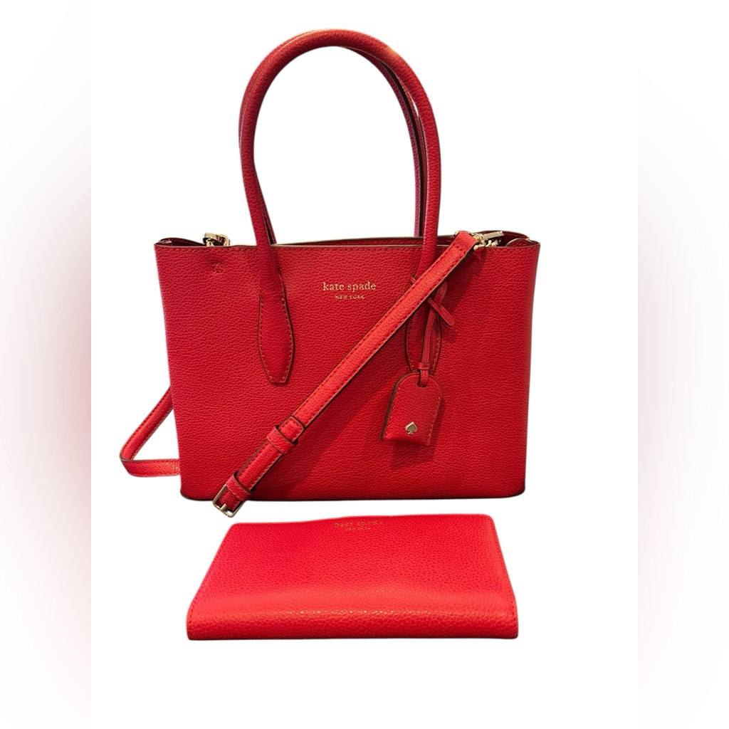 Kate Spade Eva Small Satchel Crossbody Bag + Wallet Red Pebbled Leather Gold